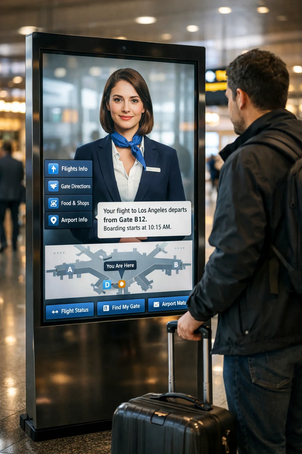 A passenger with luggage receiving gate and boarding guidance from an IGAI Tech virtual human in an airport terminal