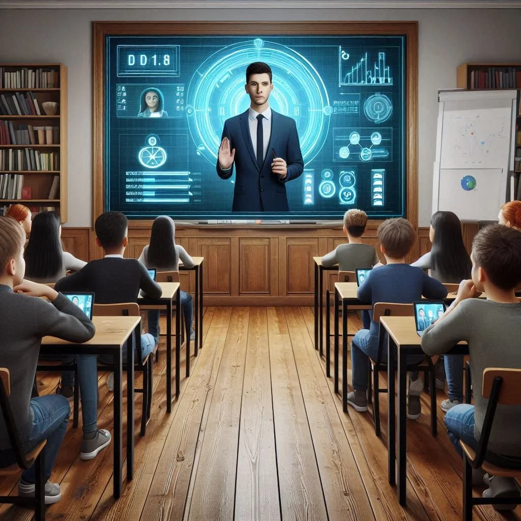 Students in a classroom watching an IGAI Tech virtual instructor presented on a large interactive display