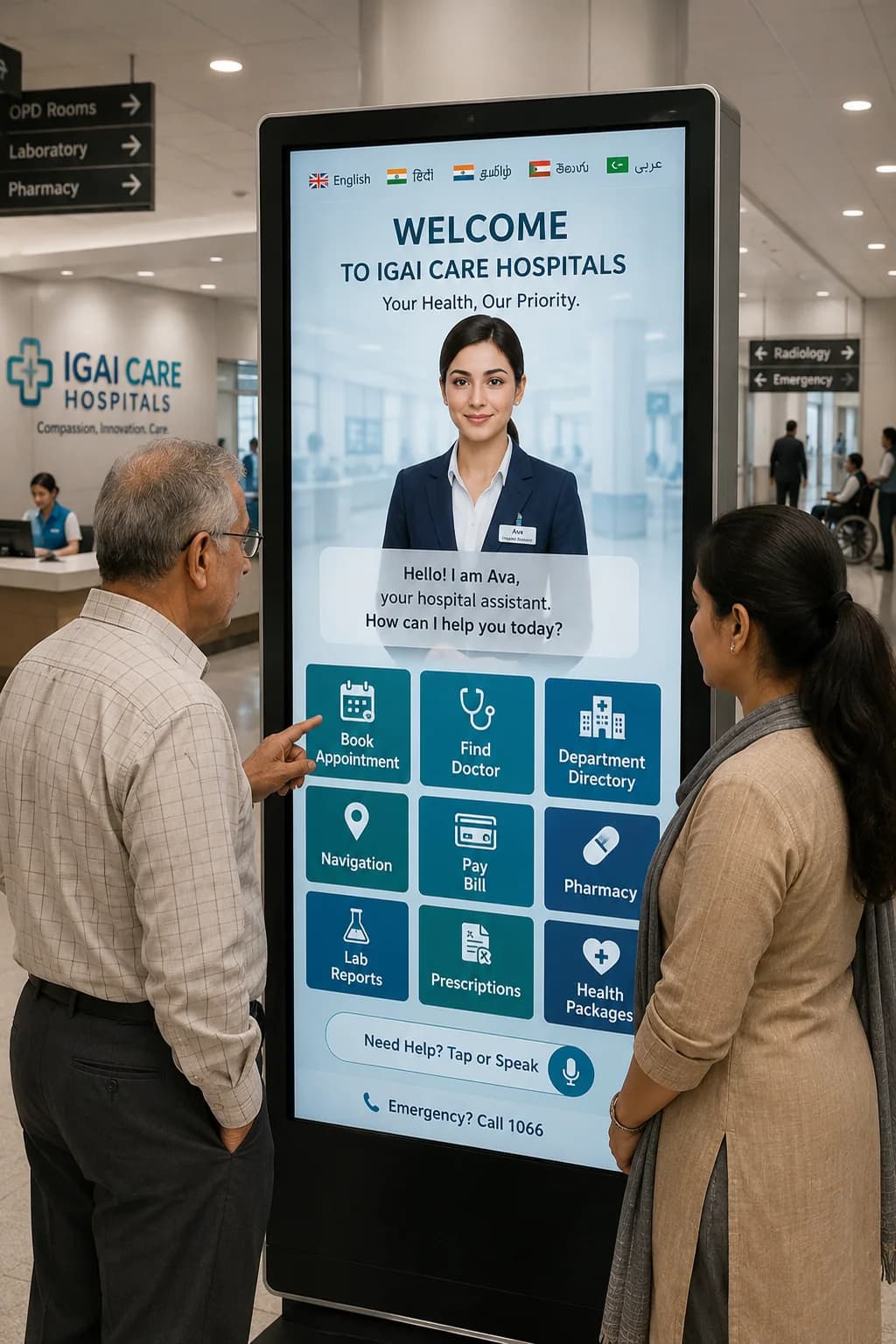 Two visitors using an IGAI Tech virtual human kiosk in a hospital outpatient lobby, offered in six languages