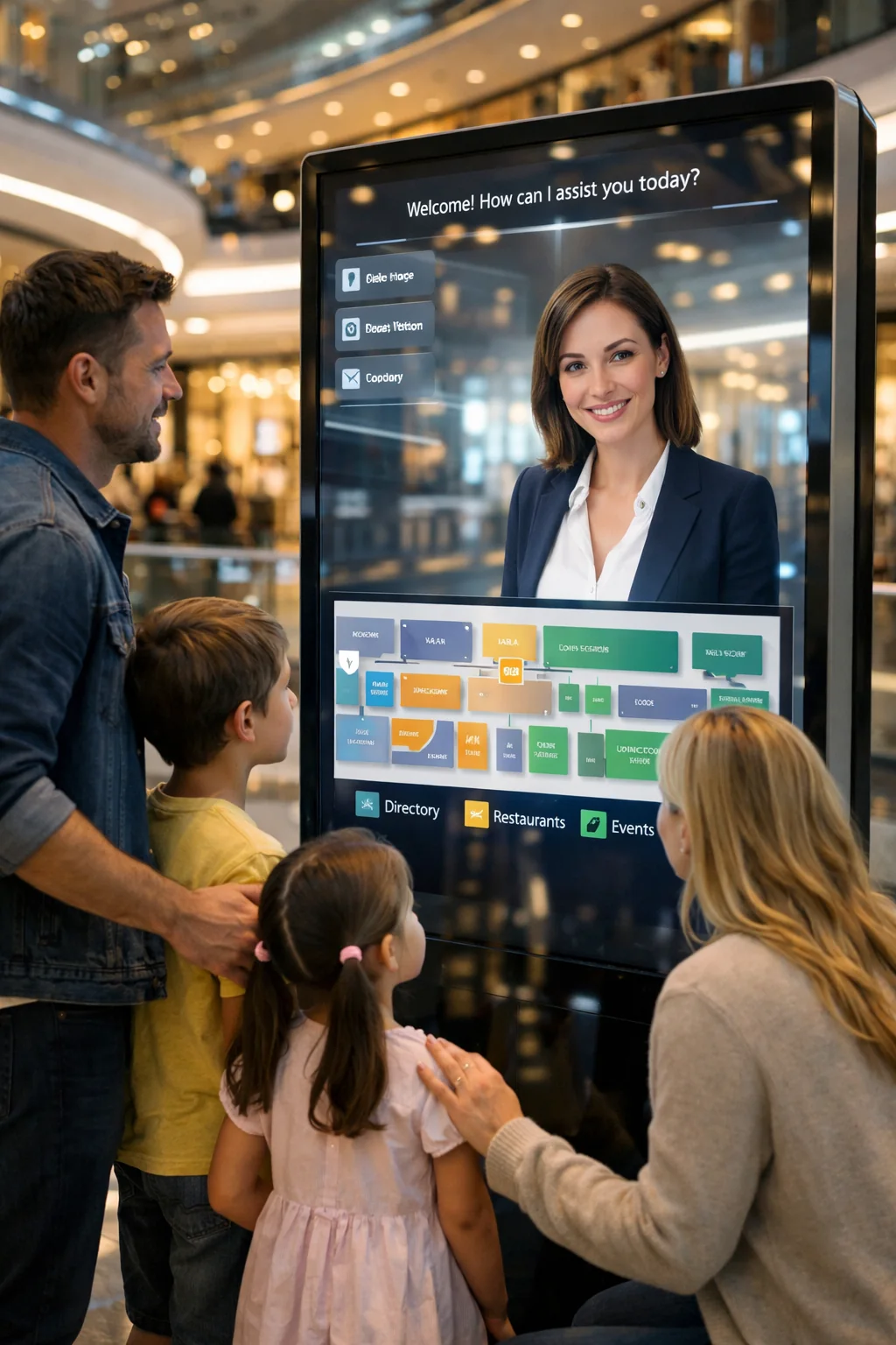 A family using an IGAI Tech mall concierge kiosk showing a store directory and wayfinding map