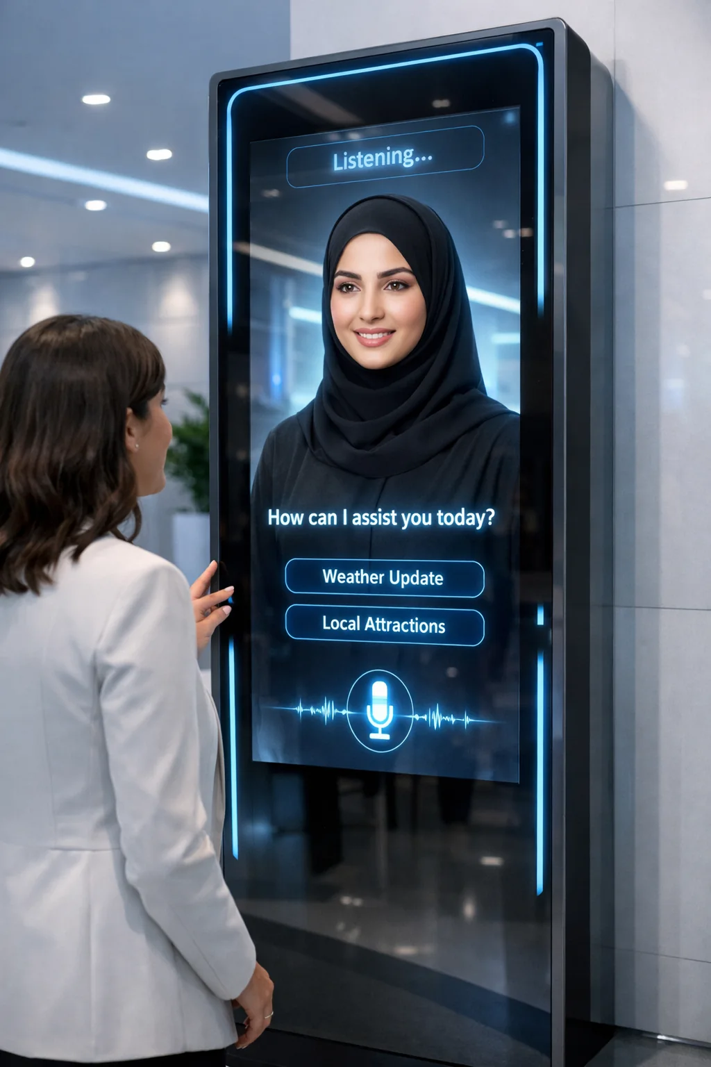 A visitor speaking to an IGAI Tech virtual human on a free-standing kiosk in an enterprise lobby