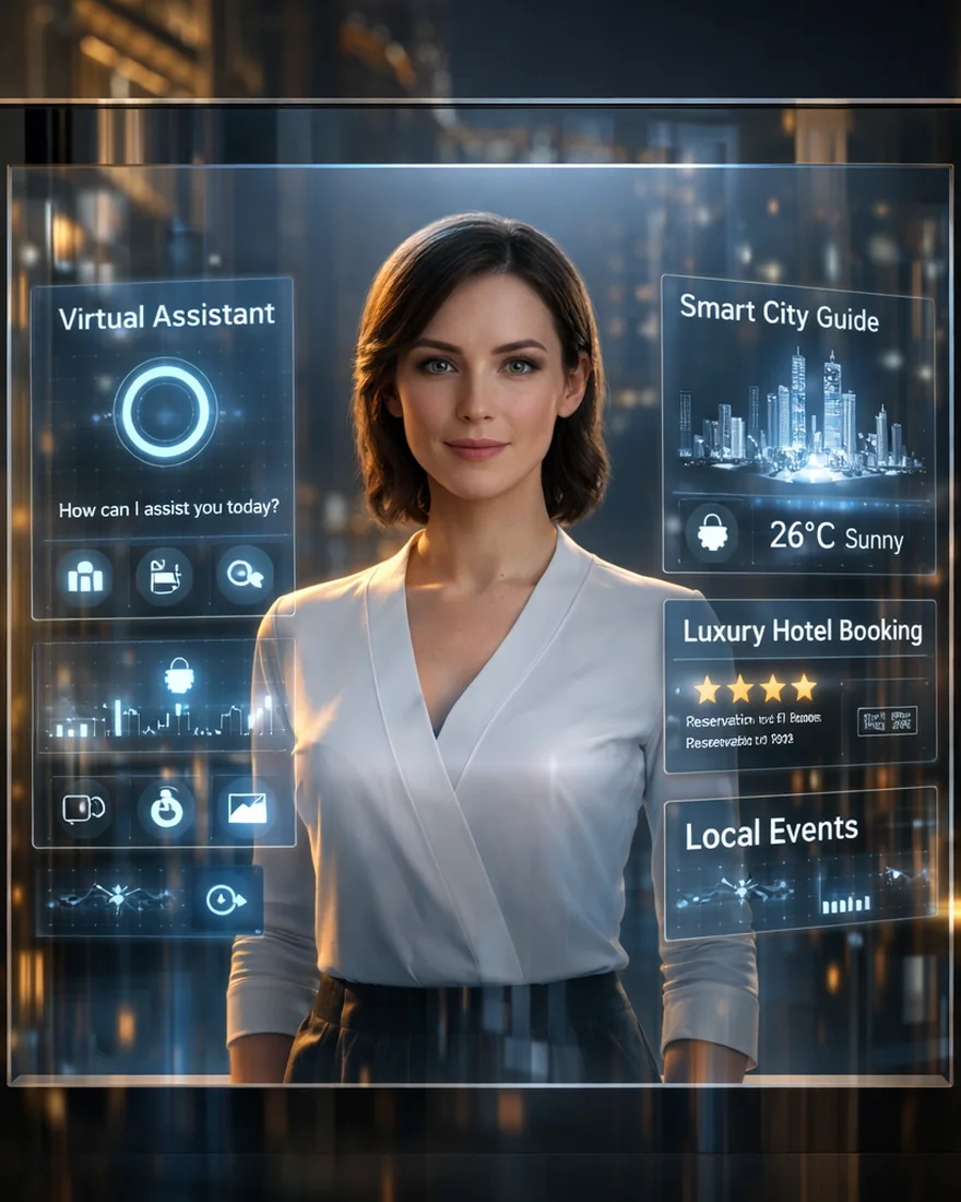 An IGAI Tech virtual human answering a traveller at an illuminated glass kiosk on a city street at night