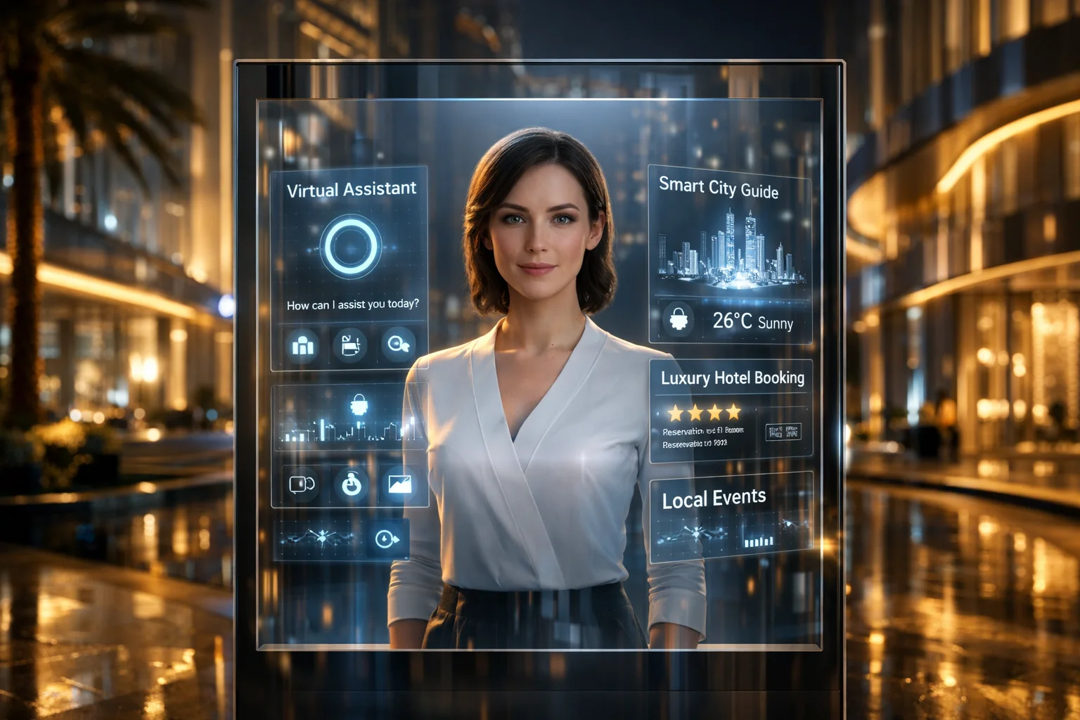 An IGAI Tech virtual human answering a traveller at an illuminated glass kiosk on a city street at night